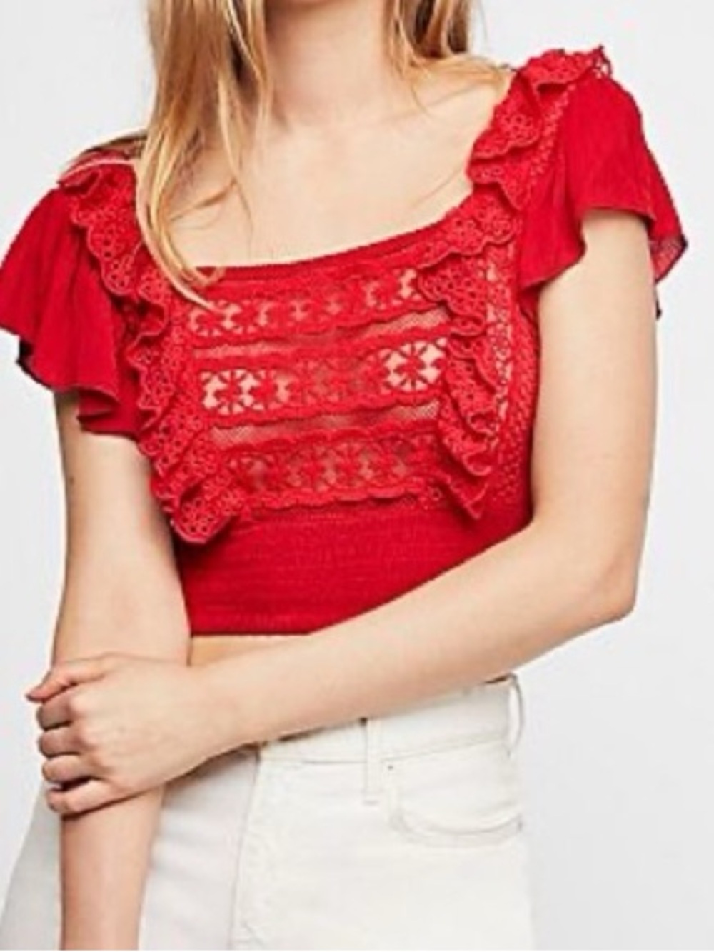 Free People Red Lace-Trim Square Neck Crop Top